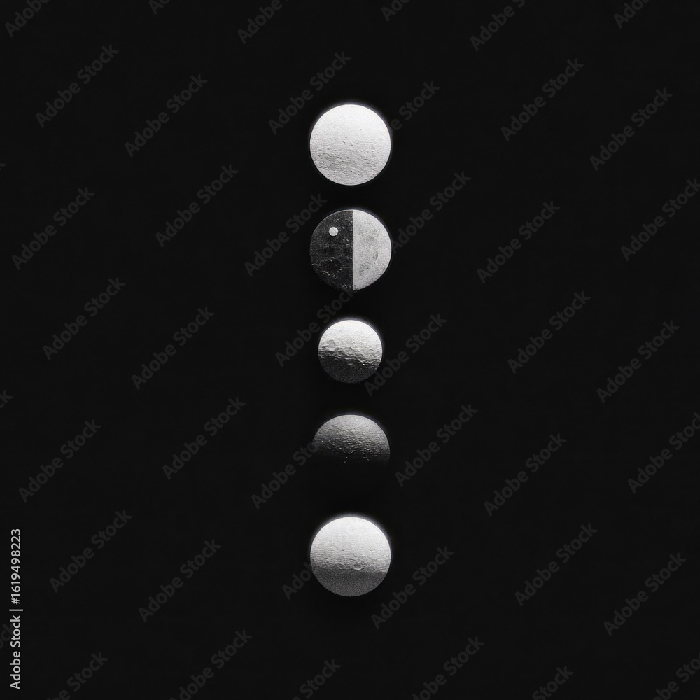 Vertical arrangement of grayscale moon phases against a black backdrop Vertical arrangement of grayscale moon phases against a black backdrop