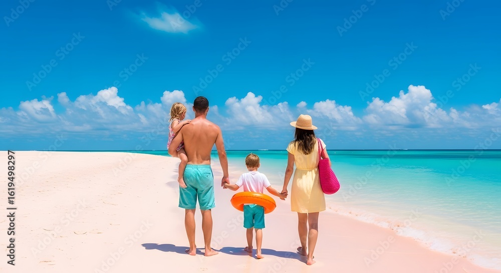 Summer Family on the Beach Rear view of a young family with two children walking on a tropical beach, a concept of summer vacation and togetherness. Summer Family on the Beach Rear view of a young family with two children walking on a tropical beach, a concept of summer vacation and togetherness.