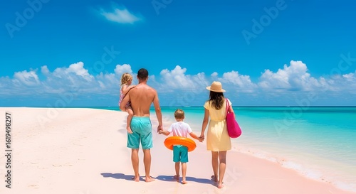 Fototapeta Naklejka Na Ścianę i Meble -  Summer Family on the Beach Rear view of a young family with two children walking on a tropical beach, a concept of summer vacation and togetherness.