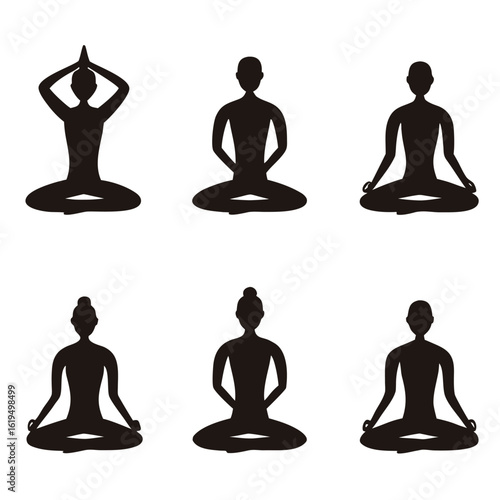 Black Silhouette Figures Meditating in Lotus Pose on White Background yoga meditation