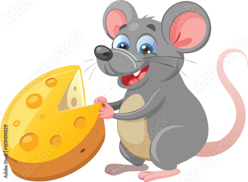 Vector art of funny cartoon mouse eating a slice of cheese, isolated on transparent background.