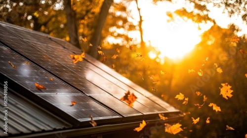 Autumn leaves falling on solar panels on a roof at sunset. Sunlight streams through the trees.