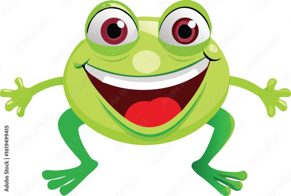 Naklejka premium Vector art of a happy, green cartoon frog with big eyes and a wide smile, isolated on transparent background.