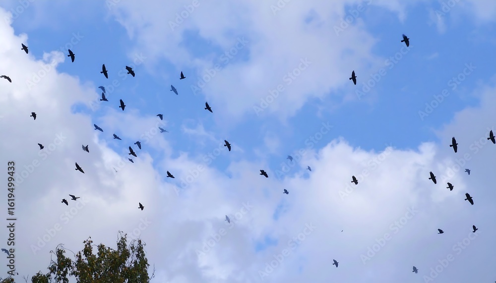 Fototapeta premium Flock of birds against a partly cloudy sky