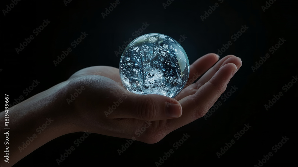 Human Hand Gently Cupping a Shimmering Abstract Glass Sphere on a Dark Background - Concept of Fragility, Purity, or Future Human Hand Gently Cupping a Shimmering Abstract Glass Sphere on a Dark Background - Concept of Fragility, Purity, or Future
