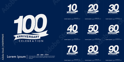 Set of 10-100th years anniversary celebration emblem. white anniversary logo isolated with ribbon on blue background. vector illustration template design for web banner