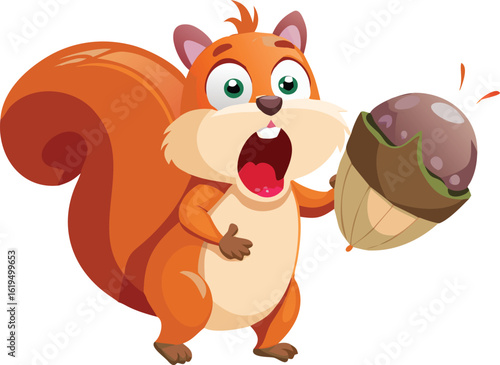 Vector art of cute cartoon squirrel holding a large acorn, looking surprised with its mouth wide open, isolated on transparent background.