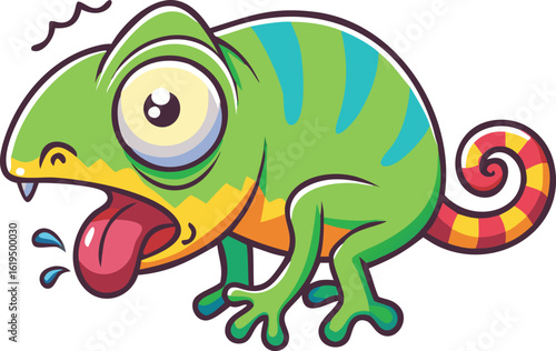 Vector art of a cartoon green chameleon with big eyes and an open mouth, looking scared and stressed, with sweat drops and its tongue hanging out, isolated on transparent background.