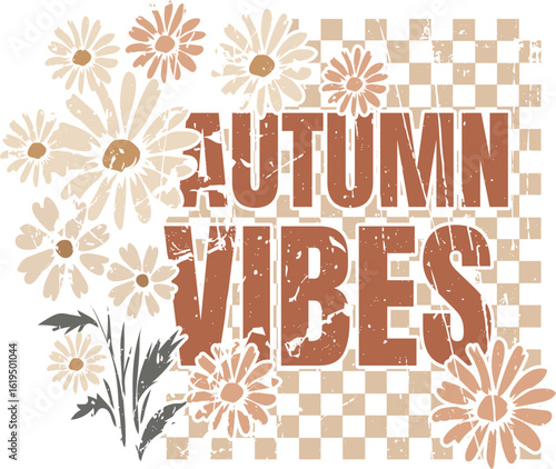 Boho Floral Fall Autumn Vibes Checker board T shirt Design