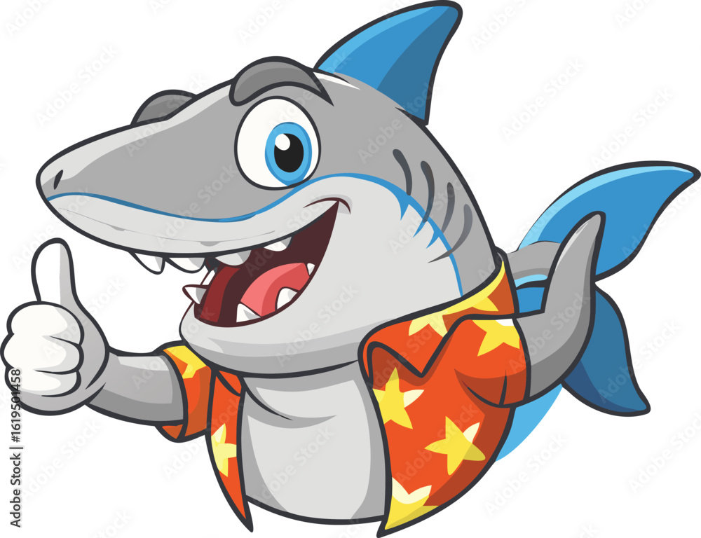 Naklejka premium Vector art of funny cartoon shark wearing a hawaiian shirt giving a thumbs up, isolated on transparent background.