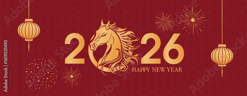 Chinese New Year 2026 modern banner design. Year of the Horse. Horse Chinese Zodiac Symbol. Red, gold colors flyer template. 