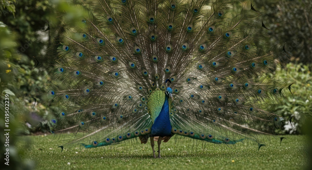 Obraz premium Peacock Displaying Tail Feathers on Green Grass