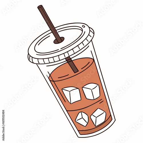 A stylized flat illustration of an iced coffee in a clear plastic cup with a brown straw and