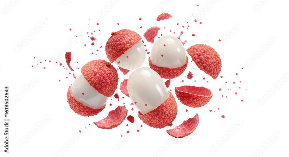 Fototapeta premium Floating Lychees with Partially Peeled Skin and Exposed White Flesh Against Black Background