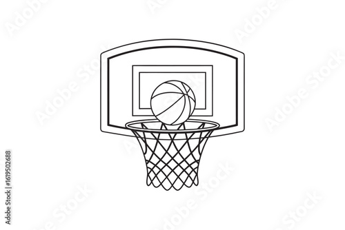 Black and white outline illustration of a basketball going into the net of a basketball hoop simple line art for sports and recreation concepts vector