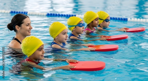 Swimming Lesson for Kids Cheerful female instructor teaching a group of young children with kickboards in a swimming pool lesson.