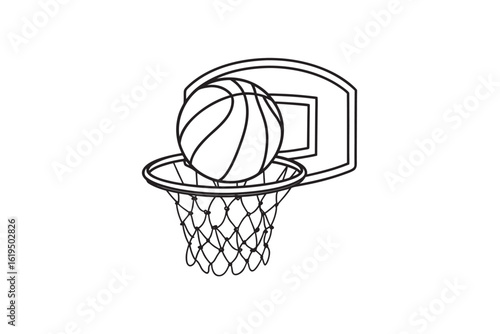 Simple Line Art Illustration of a Basketball Going Through a Hoop with a Net Isolated on White Background Sports and Recreation Concept for Coloring Books