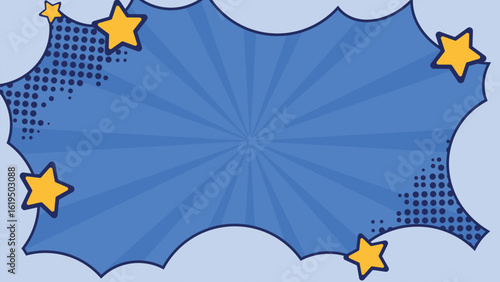 Comic Pop Art Style background with cloud, sky, sunburst and stars. Copy space in center. Funky and dynamic  vector for promotional materials
