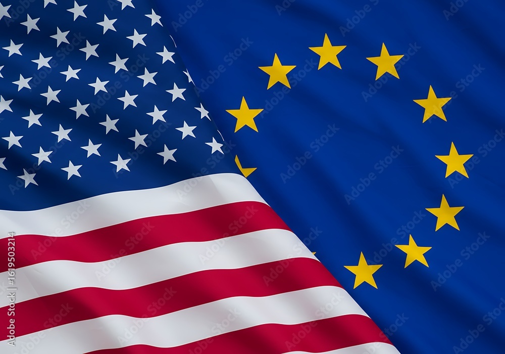 Obraz premium A close-up of the US and EU flags, representing strong international relations and a global partnership