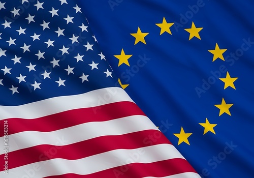 A close-up of the US and EU flags, representing strong international relations and a global partnership