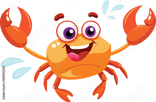 Vector art of happy cartoon crab with big eyes and claws raised, splashing water, isolated on transparent background.