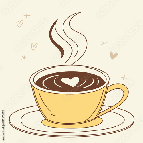 A warm inviting illustration of a steaming cup of coffee with a heart saucer