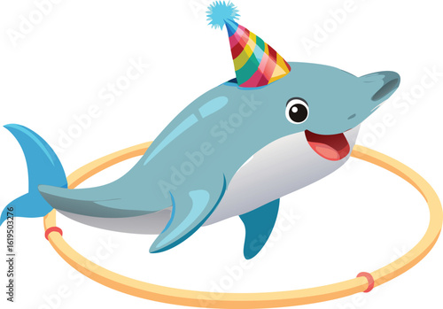 Vector art of cute cartoon dolphin wearing a party hat jumping through a hoop, isolated on transparent background.