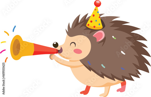 Vector art of cute hedgehog wearing a party hat and blowing a horn, isolated on transparent background, celebrating a happy event with confetti and sound.