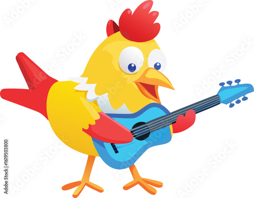 Vector art of a happy cartoon chicken playing a blue guitar, isolated on transparent background.
