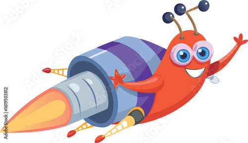 Vector art of cute cartoon bug character flying in a rocket ship, isolated on transparent background.