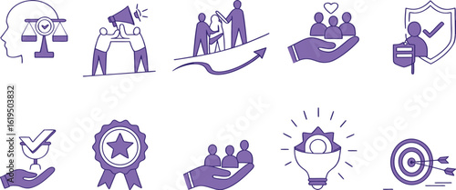 Colored Set of Core Values Icons. Vector Icons Commitment, Innovation, Customers, Teamwork, Honesty, Goals, Responsibility, Reliability, Quality, and Inclusion
