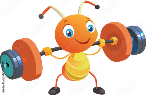 Vector art of cute orange cartoon ant character lifting a heavy barbell with colorful weights, isolated on transparent background, representing fitness and strength.