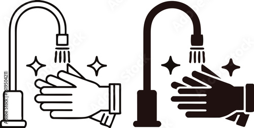 Sanitation Icons. Black and White Vector Illustration. Man Washing Hands Under Tap. Disinfection, Cleanliness. Hygiene Concept