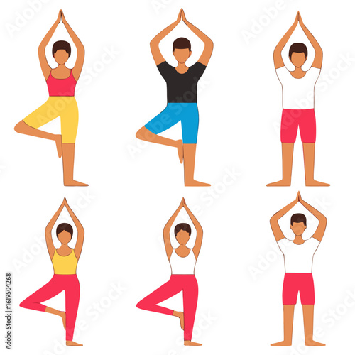 Diverse people practicing yoga tree pose on a white background vrikshasana woman