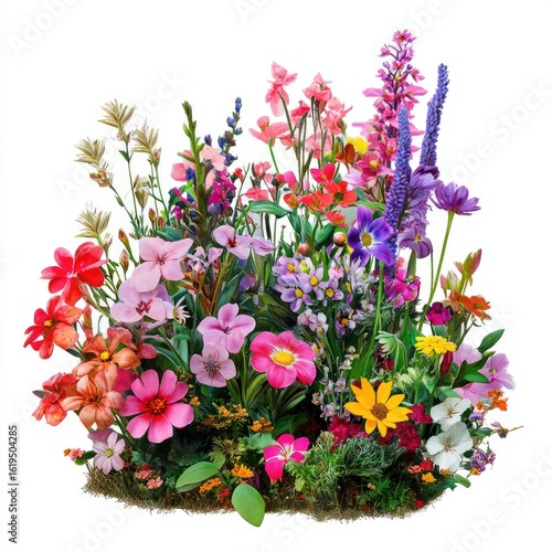 Vibrant Spring Flower Garden: Colorful Blooms, Lush Greenery, Botanical Photography