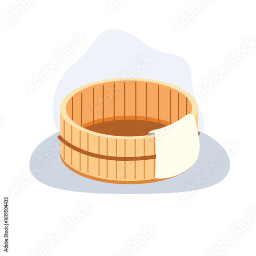 japanese bath bucket wooden tub with towel