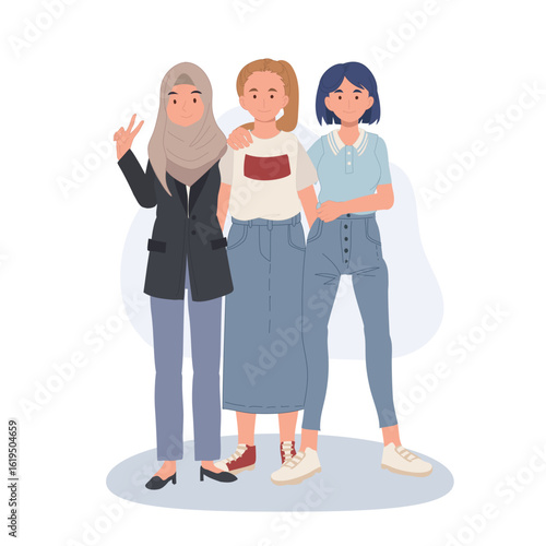 multicultural female friends in modern fashion smiling and posing in cartoon style illustration