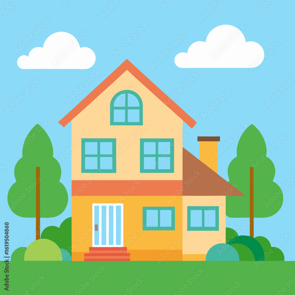 Fototapeta premium House in a garden with green lawns vector on landscape background.