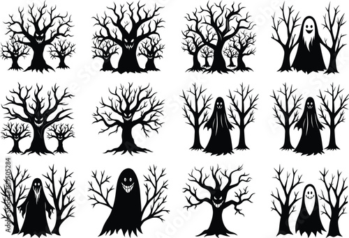 Halloween silhouette elements bundle isolated on white transparent background