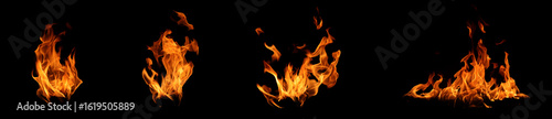 Abstract flames collection isolated on black background. Different burning effects. Flames in the night sky.