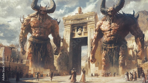Epic Giants Guarding Ancient Gateway: Fantasy Art