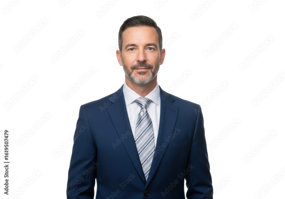 Caucasian man, mid-40s, in dark blue business suit, white shirt, striped tie, confident and professional, standing on transparent studio background with ample copy space, professional corporate Caucasian man, mid-40s, in dark blue business suit, white shirt, striped tie, confident and professional, standing on transparent studio background with ample copy space, professional corporate