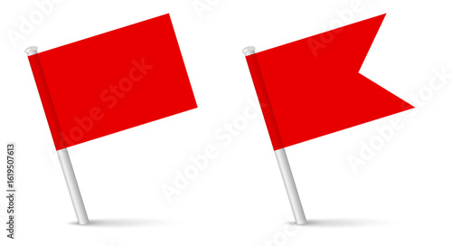 Blank red decorative topper flag with inclined metal stick flag mockup. 3D realistic vector illustration isolated on white.