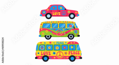A colorful set of retro hippie vehicles, including a car, van, and bus, decorated with flowers, stars, and peace and love symbols.