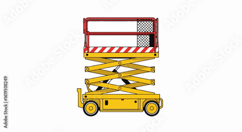 Yellow Scissor Lift with Red Platform and Safety Netting