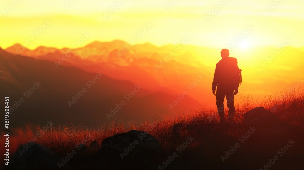 Sunset Hiker: A Silhouette of Solitude in the Majestic Mountains Sunset Hiker: A Silhouette of Solitude in the Majestic Mountains