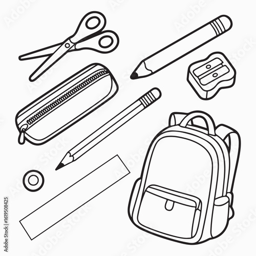 Collection of black and white line art school supplies including a backpack scissors pencils and pencil case