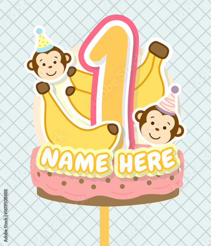 cute hand drawn banana and monkey cartoon of birthday cake topper design art