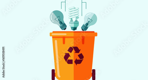 Orange Recycling Bin with Light Bulbs for Eco-Friendly Disposal