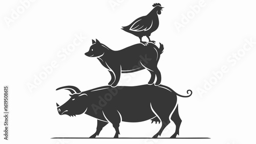 Vector  silhouette illustration of a pig, a dog, and a chicken stacked on top of each other in monochrome style